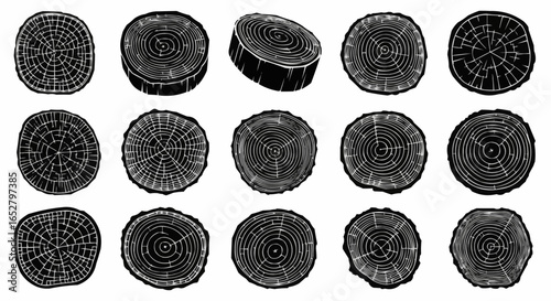 Tree Rings Silhouette Set on White Background – Wood Slices, Tree Stumps, Growth Rings, Trunk Cross Sections, Rustic Lumber and Abstract Wood Texture Vector Silhouettes Isolated