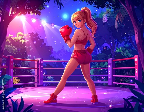Hyperrealistic anime female boxer in a boxing ring