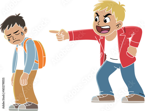 Cartoon bullying scene vector illustration, angry boy yelling at crying student with backpack, emotional school conflict, anti-bullying education concept.