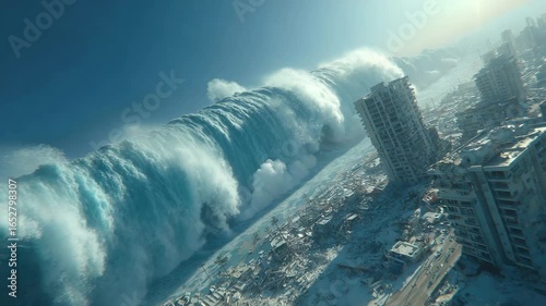 Massive Tsunami Wave Crushing Coastal City Buildings