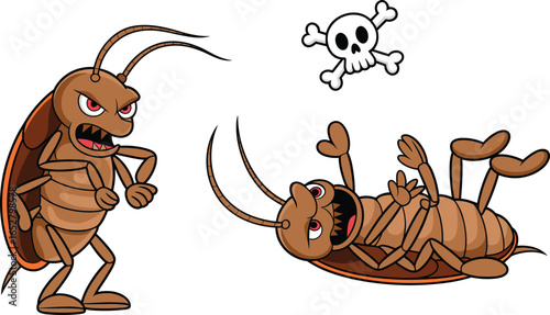 Cartoon cockroach vector illustration, angry bug character and dead insect with skull symbol, pest control, insecticide concept, funny design.