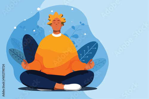Calm Meditation Scene with Person in Lotus Pose, Leaves, and Copy Space