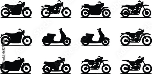 Collection of motorcycle and scooter silhouettes in black and white