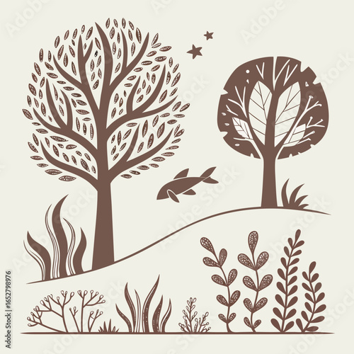 Stylized Nature Scene with Trees, Foliage, and Aquatic Life
