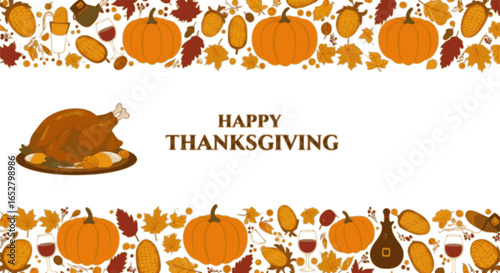 Vector border Thanksgiving. Seamless Autumn food roast turkey corn wine pumpkin family dinner greeting card repeating pattern design. Harvest festival. Fall party invitation banner. Happy Thanksgiving