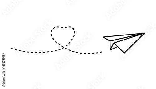 Linear paper airplane illustration with heart-shaped dashed path. Concept of love, distance and travel
