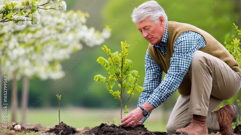 Fototapeta premium Mature Man Planting Sapling in Garden for Environmental Conservation and Future Generations