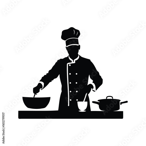 Silhouette of a chef preparing food in a kitchen setup elegantly, chef black and white vector illustration