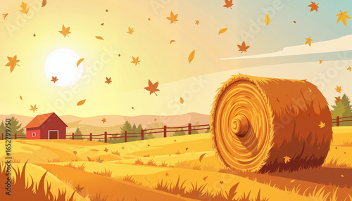 Autumn landscape with hay bales and falling leaves