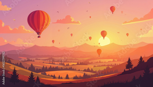 Hot air balloons soaring over sunset landscape