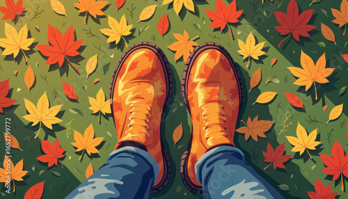 Feet in orange boots on fallen autumn leaves