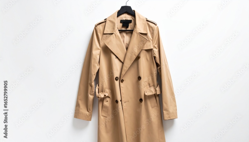 Naklejka premium Elegant Beige Trench Coat Displayed on a Minimalist White Wall Showcasing Fashion and Style Essence