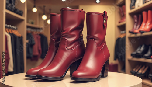 Stylish red high-heeled boots on display in a boutique
