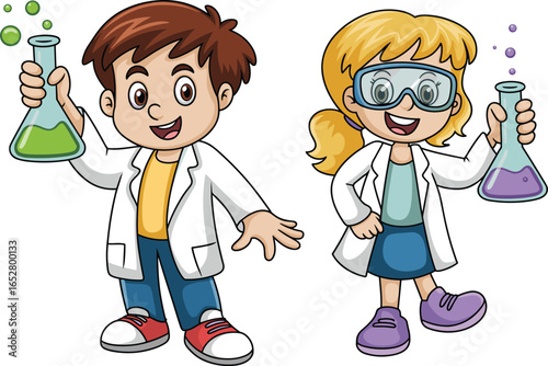 Cartoon kids doing science experiment, happy boy and girl in lab coats, chemistry fun learning, children in science lab