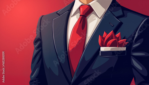 Stylish man in suit with red tie and pocket square against red background
