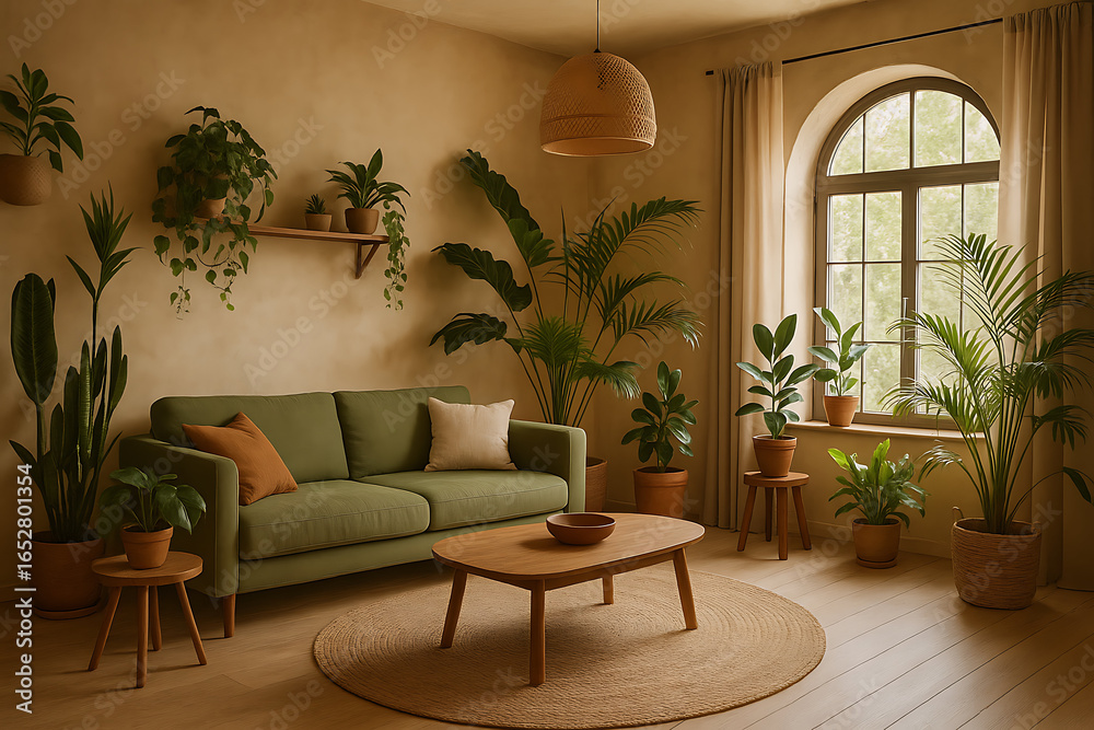 latest home trends. A serene living room filled with lush green plants, featuring a cozy green sofa and natural light streaming through a large window. latest home trends. A serene living room filled with lush green plants, featuring a cozy green sofa and natural light streaming through a large window.