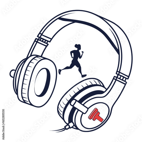 Headphones with a runner and a dumbbell isolated on white background, perfect for music, sport and fitness related content