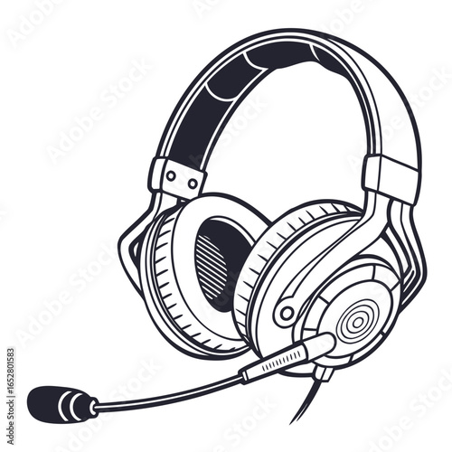 Illustration of a black and white gaming headset with microphone isolated on white background, perfect for audio and communication needs