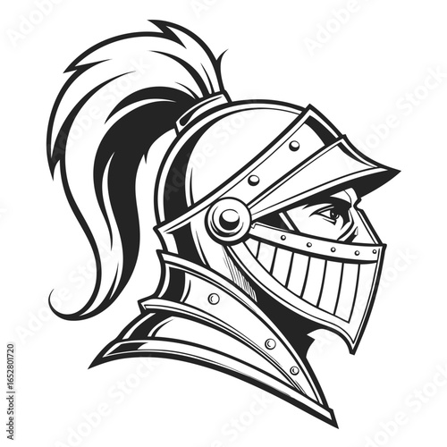 Illustration of a knights helmet with visor and plume isolated on white background, a symbol of medieval warfare and chivalry