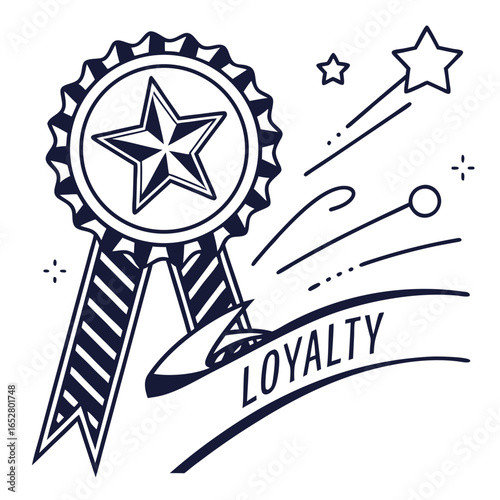 Illustration of a loyalty badge with star and ribbon isolated on white background, representing customer rewards and recognition