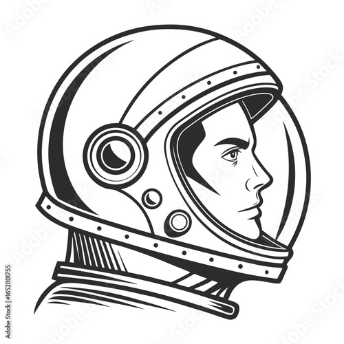 Illustration of a male astronaut in a space helmet isolated on white background, representing space exploration and scientific endeavors