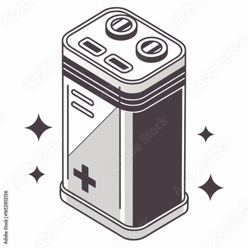 Isometric nine volt battery with sparkles isolated on white background, a portable source of electrical energy for electronic devices