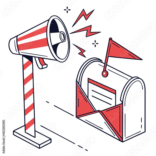 Megaphone and mailbox for marketing and advertising campaigns, delivering messages and notifications to customers isolated on white background
