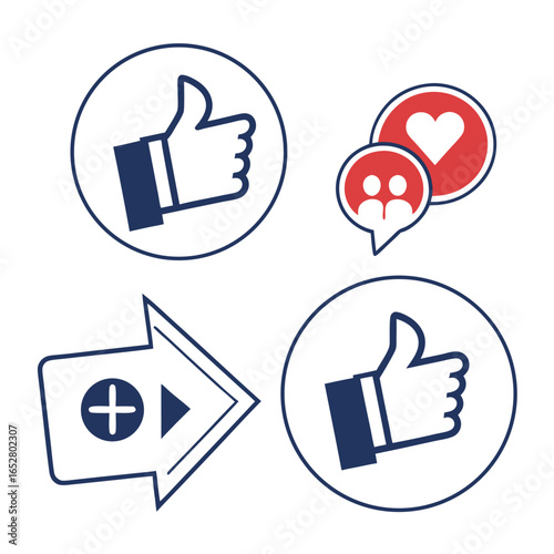 Social media icons with like, share, and love symbols, isolated on white background