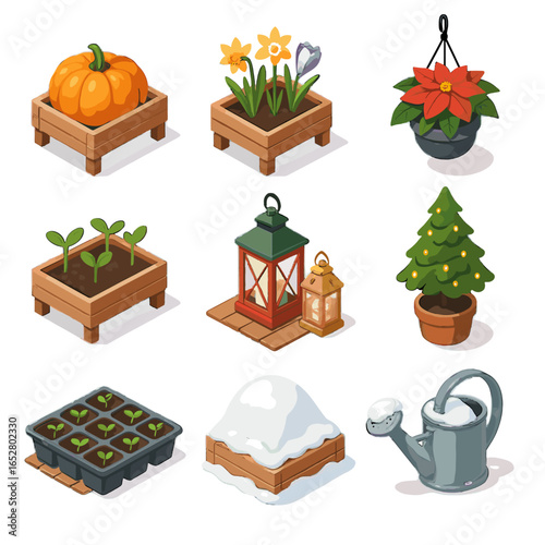 Watering icons bulbs vector cover icon planter garden snow seedlings poinsettia tray