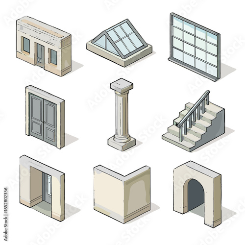 Isometric icon interior building rooftop doors column angle vector passage corner architecture