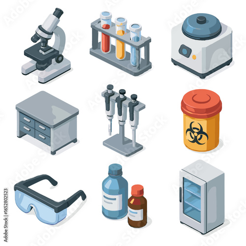 Lab vector medical icon bottles goggles pipette chemical tube fridge biohazard icons