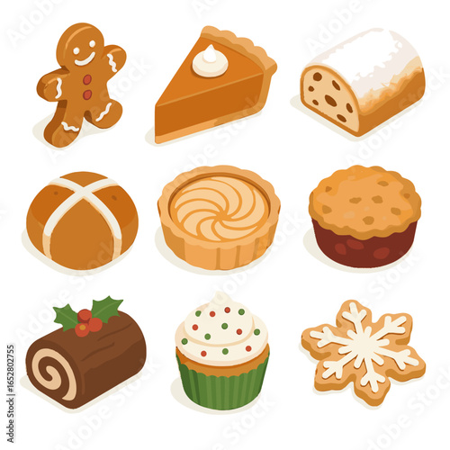 Seasonal icons apple gingerbread iced hot icon log pie cupcake vector bakery
