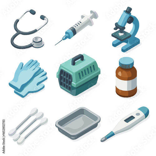 Vector isometric carrier swabs icons medical pet cotton microscope bottle stethoscope veterinary
