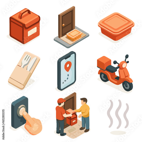 Driver home food doorstep vector scooter delivery icon sealed handoff doorbell meal