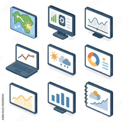 Vector bar line software isometric forecasting climate tools future icon map prediction