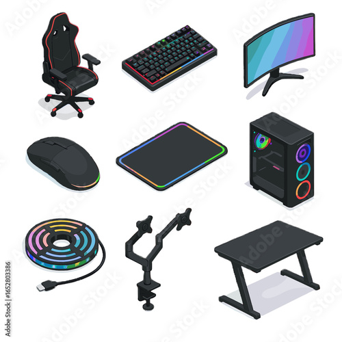 Rgb tower pc gaming monitor setup dual icons lights vector strip icon