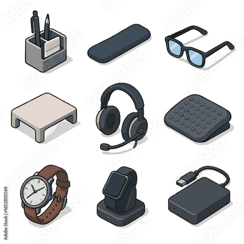 Desk foot monitor essentials vector icon organizer wrist dock work rest light