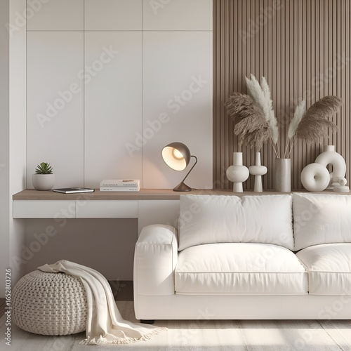 3d rendering of modern living room with white sofa, home desk in wall with decor, personal accessories, lamp, books, dry flowers in a vase, ceramics. Pouf with a blanket. Wood panel. Home office.