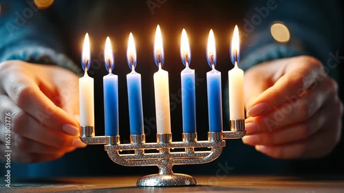 Lighting hanukkah menorah with blue and white candles in festive celebration