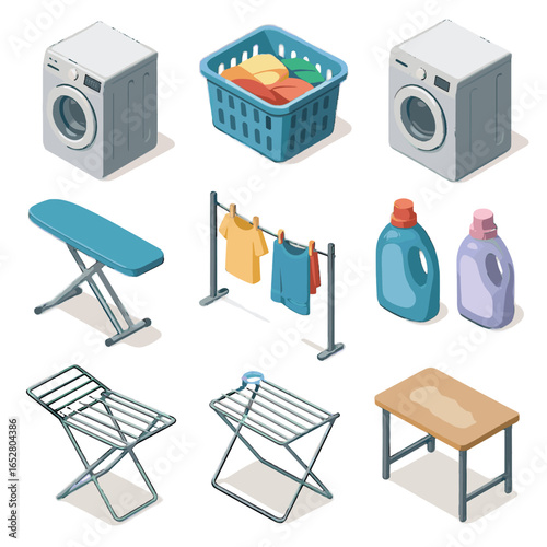 Essentials ironing detergent icon dryer laundry bottle icons clothesline washing folding vector
