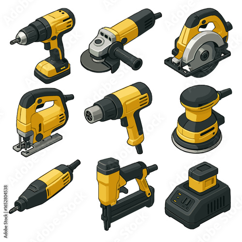 Sander workshop battery power tools electric icon drill saw vector heat nail