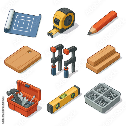 Icon pencil level diy tray carpenter sheet set vector screws wood toolbox