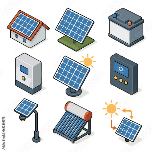 Array rooftop vector sun streetlamp heater energy panel icon solar flow icons