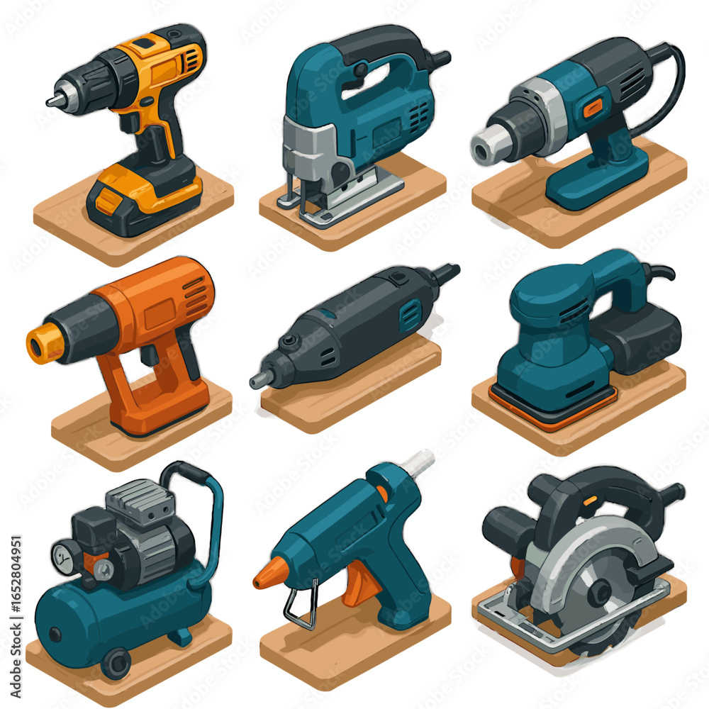 Fototapeta premium Isometric jigsaw vector grinder circular rotary power icon cordless angle saw compressor