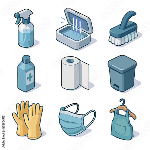 Icon essentials alcohol gloves icons vector hanger spray face apron paper cleaning