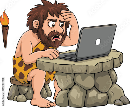 Caveman using laptop computer, prehistoric man technology, funny caveman cartoon, ancient man with modern device, digital age humor, stone age laptop