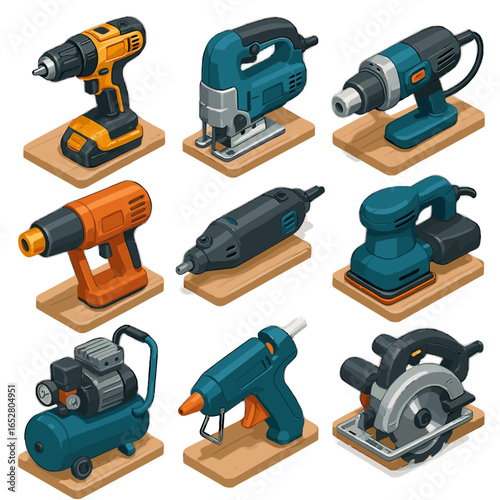 Isometric jigsaw vector grinder circular rotary power icon cordless angle saw compressor