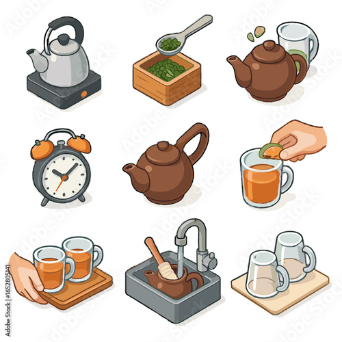 Water steep adding timing icon guests icons preparation cleaning tea cups vector