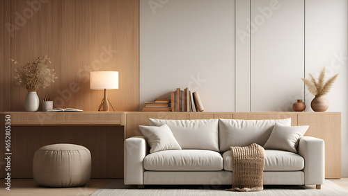3d rendering of modern living room with white sofa, home desk in wall with decor, personal accessories, lamp, books, dry flowers in a vase, ceramics. Pouf with a blanket. Wood panel. Home office.