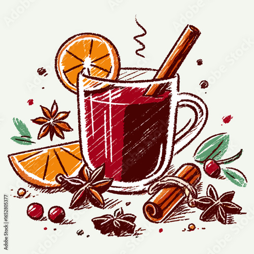 Warm mulled wine with spices, orange, and cinnamon stick  
